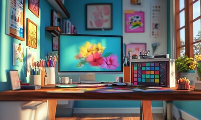 Artist's desk with computer and supplies.