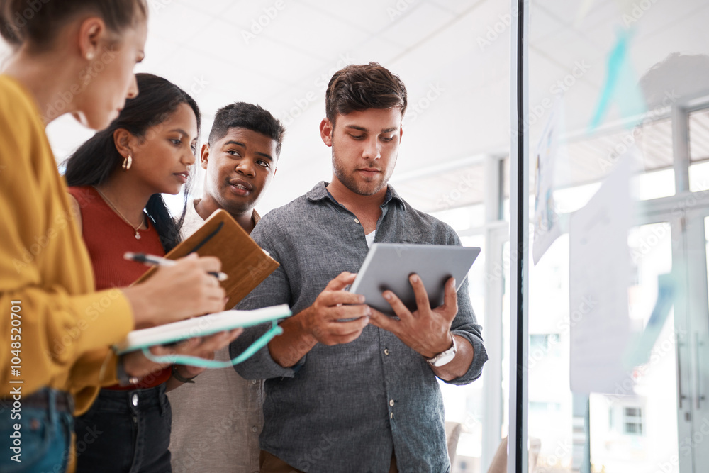 Poster teamwork, diversity and tablet in brainstorming or workshop in boardroom, office or business as star