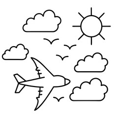 Airplane Soaring Above Clouds with Sun and Birds - Vector Art