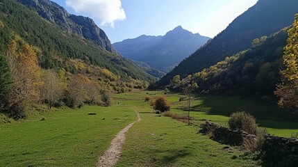 Serene Mountain Landscape with Clear Sky and Green Meadow