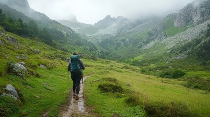 Hiker Trekking Through Lush Green Valley in Misty Mountains