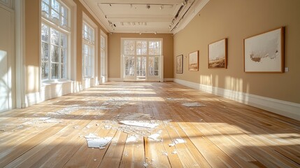 An art gallery with empty walls and damaged displays, depicting the outcome of a failed art exhibition.