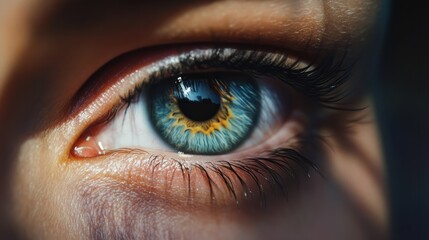 Fototapeta premium Blue eye of a woman. Eye in motion. Wide banner with a white background.