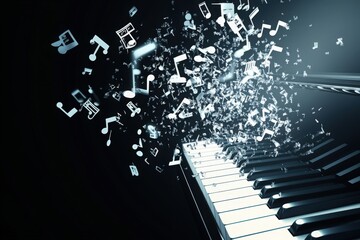 Floating musical notes rise above the keys of a grand piano, filling the air with a sense of creativity and inspiration. The elegant display evokes a magical musical journey.