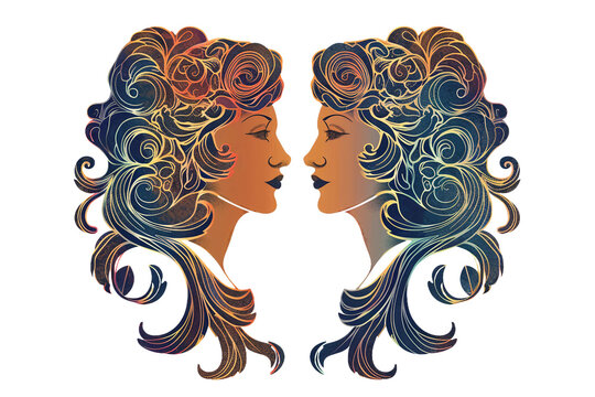 Detailed representation of the Gemini zodiac sign with dates and traits isolated on transparent background