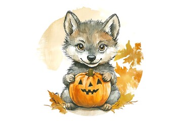 Watercolor painting of a cute and adorable baby wolf dressed as a Halloween character, holding a pumpkin.