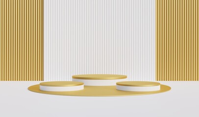 Gold and white podium, abstract background For displaying products, fashion, cosmetics, 3D illustrations.