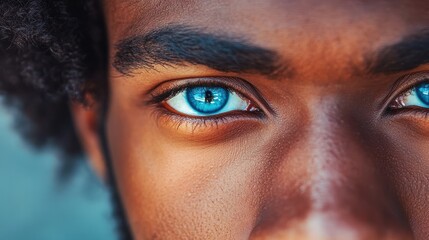 Blue eye photo. Closeup portrait of a black man. Afro American male model. Image generated by Ai technology
