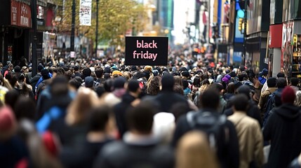 Large group of shoppers walking down a busy city street during the black friday sales event, searching for discounts and deals