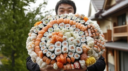 A sushi lover shows off a giant platter of colorful rolls in a peaceful garden