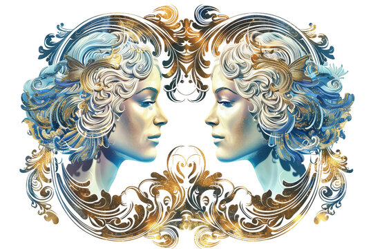 Gemini zodiac sign icon surrounded by astrological elements isolated on transparent background