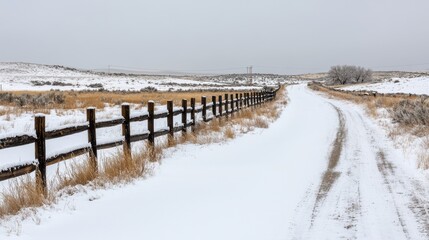 Picturesque Winter Landscape with Snowy Countryside Road and Fence