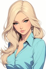 Naklejka premium A striking young Caucasian woman with long blonde hair and blue eyes, wearing a light blue blouse and elegant earrings.