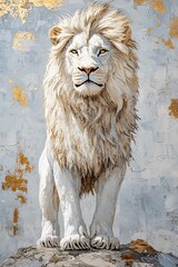 Naklejka premium Majestic white lion stands proudly against a softly textured background symbolizing strength beauty and nature's majesty