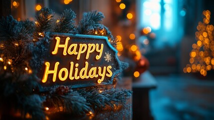 Gold Happy Holidays Calligraphy Script on Evergreen Background for Seasonal Greetings