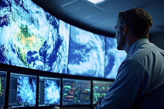 Meteorologist monitoring weather patterns and analyzing meteorological data on a wall of computer screens in a control room, ensuring accurate forecasts and timely warnings