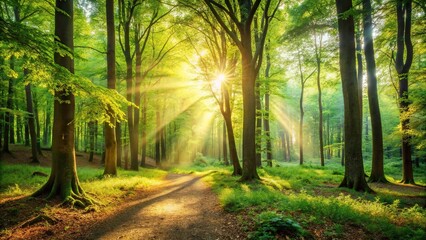 Naklejka premium Tranquil woodland scene with sunlight filtering through leaves