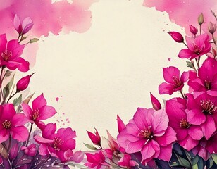 Fototapeta premium watercolor background with magenta flowers with empty copy space in the middle
