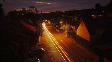 The flickering of car headlights through a quaint village creates a mesmerizing light show adding a touch of magic to its oldworld charm.