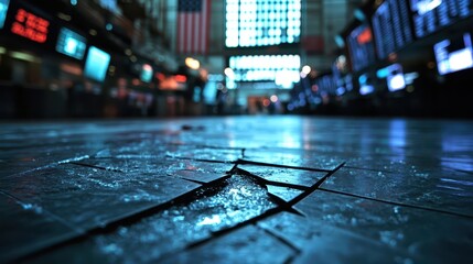 Cracked stock ticker running across a deserted trading floor, representing economic collapse, financial ticker failure, market crash