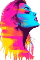 Fototapeta premium A striking portrait of a young woman with a vibrant, artistic color palette featuring blue, pink, and yellow hues.