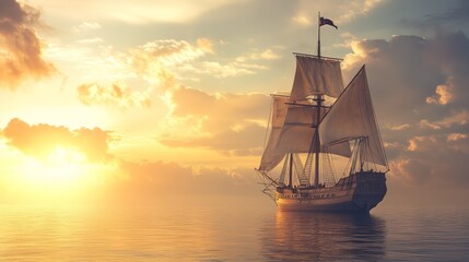 Majestic Sailing Ship Against a Sunset Background