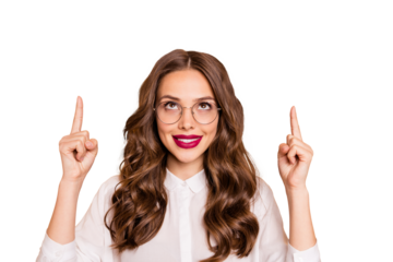 Close-up portrait of her she nice-looking attractive lovely glamorous gorgeous confident cheerful cheery wavy-haired lady pointing two forefingers up ad advert isolated over beige pastel background