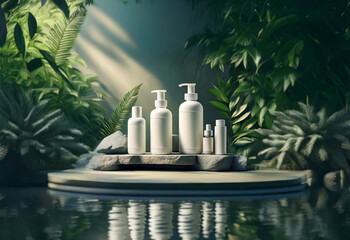 Fototapeta premium Five white bottles of product stand on a stone and wood pedestal in a lush jungle setting, reflecting in a pond.