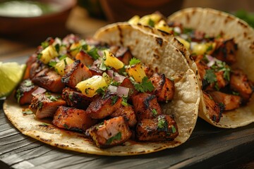 A serving of tacos al pastor, with spit-grilled pork on soft corn tortillas, topped with pineapple, onions, and cilantro, served with a wedge of lime