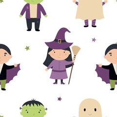 Seamless pattern with cute characters in costumes. Happy Halloween. Vector illustration