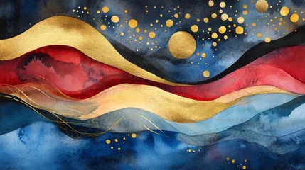 Fototapete Rund A captivating abstract artwork showcases a blend of rich red, blue, and black watercolors, intricately outlined with golden geometric shapes and dotted accents that add texture and depth. © AiPhotoSale