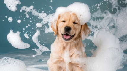 Dog is sitting in a bathtub with bubbles
