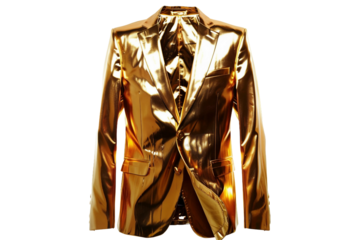 Trendy gold metallic slim fit suit jacket isolated on transparent background