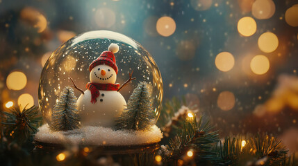 Obraz premium cheerful snowman inside snow globe, surrounded by festive lights and greenery