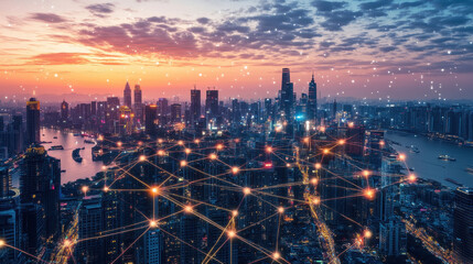 Obraz premium Futuristic city skyline with interconnected lights at sunset
