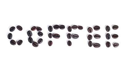 word coffee made from dark coffee beans isolated on white background