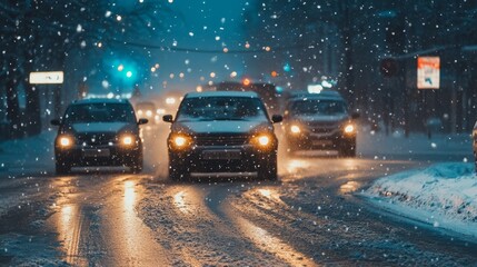Obraz premium Nighttime Winter Traffic in Heavy Snowfall