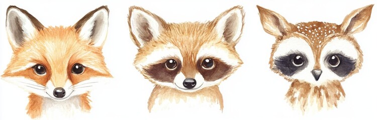Obraz premium Cute Watercolor Animal Faces Illustration Set 