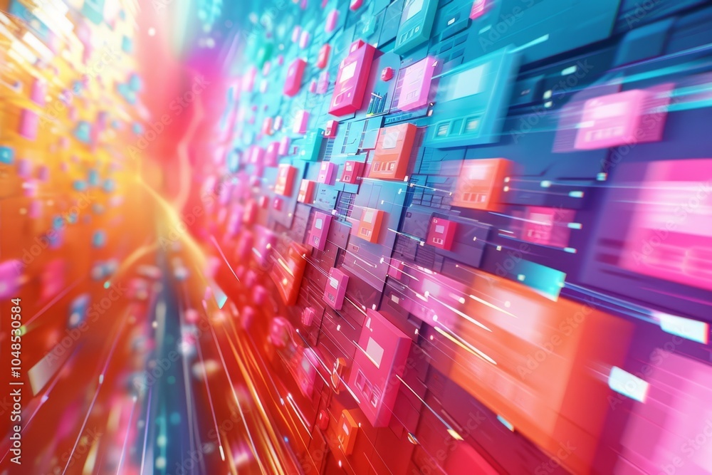 Poster colorful digital technology background depicting data flow with vibrant geometric patterns and motio