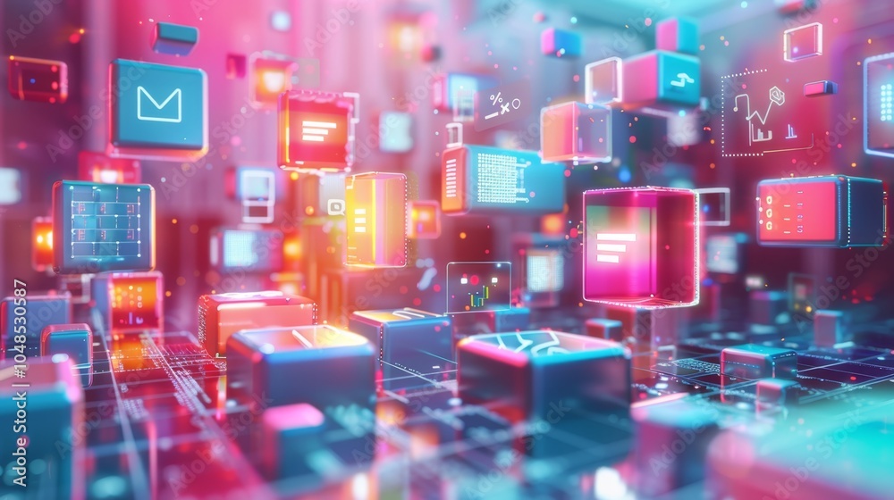 Poster colorful abstract digital blocks floating over a technological background in a futuristic environmen