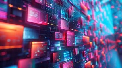 Colorful digital data visualization with glowing panels in abstract design representing advanced technology
