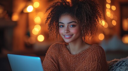 Smiling girl working on laptop in cozy home office environment