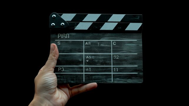 A film clapperboard held by a hand indicating a scene being prepared for shooting in a studio environment
