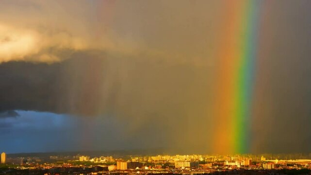 A beautiful rainbow spans the city, and although gray clouds cover the sky in the distance, the sky in the foreground is clear of clouds, and the sun's rays shine down dazzlingly