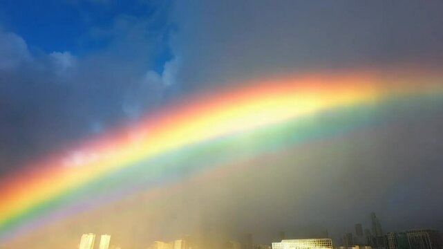 A beautiful rainbow spans the city, and although gray clouds cover the sky in the distance, the sky in the foreground is clear of clouds, and the sun's rays shine down dazzlingly