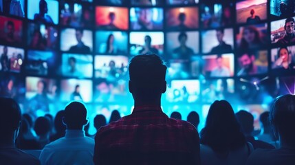 A diverse audience watches a digital presentation filled with vibrant images on multiple screens in a modern venue at night