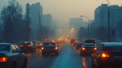 Obraz premium Foggy Evening Traffic in a Urban Environment