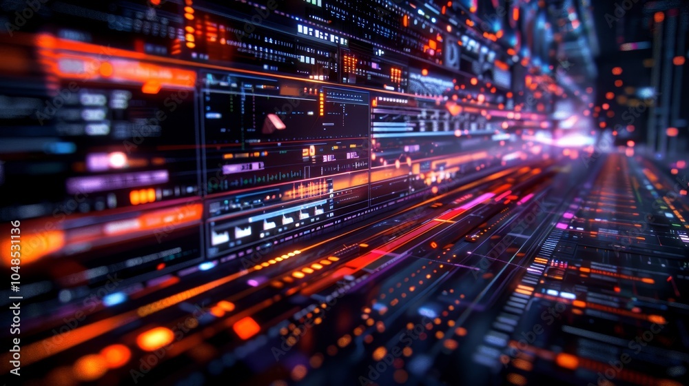 Poster vibrant digital landscape with flowing data streams and illuminated lines showcasing advanced techno