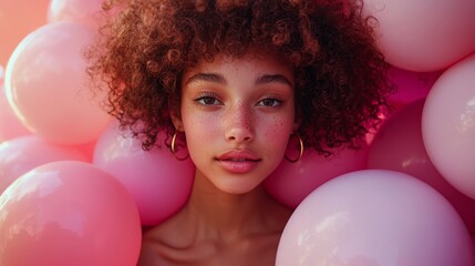 Obraz premium Trendy Young Woman with Pink Bubbles Background