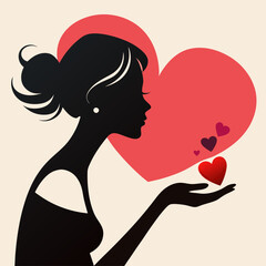 Silhouette woman blowing heart. Pretty girl blowing heart. Happy Veterans Day. Vector illustration. 